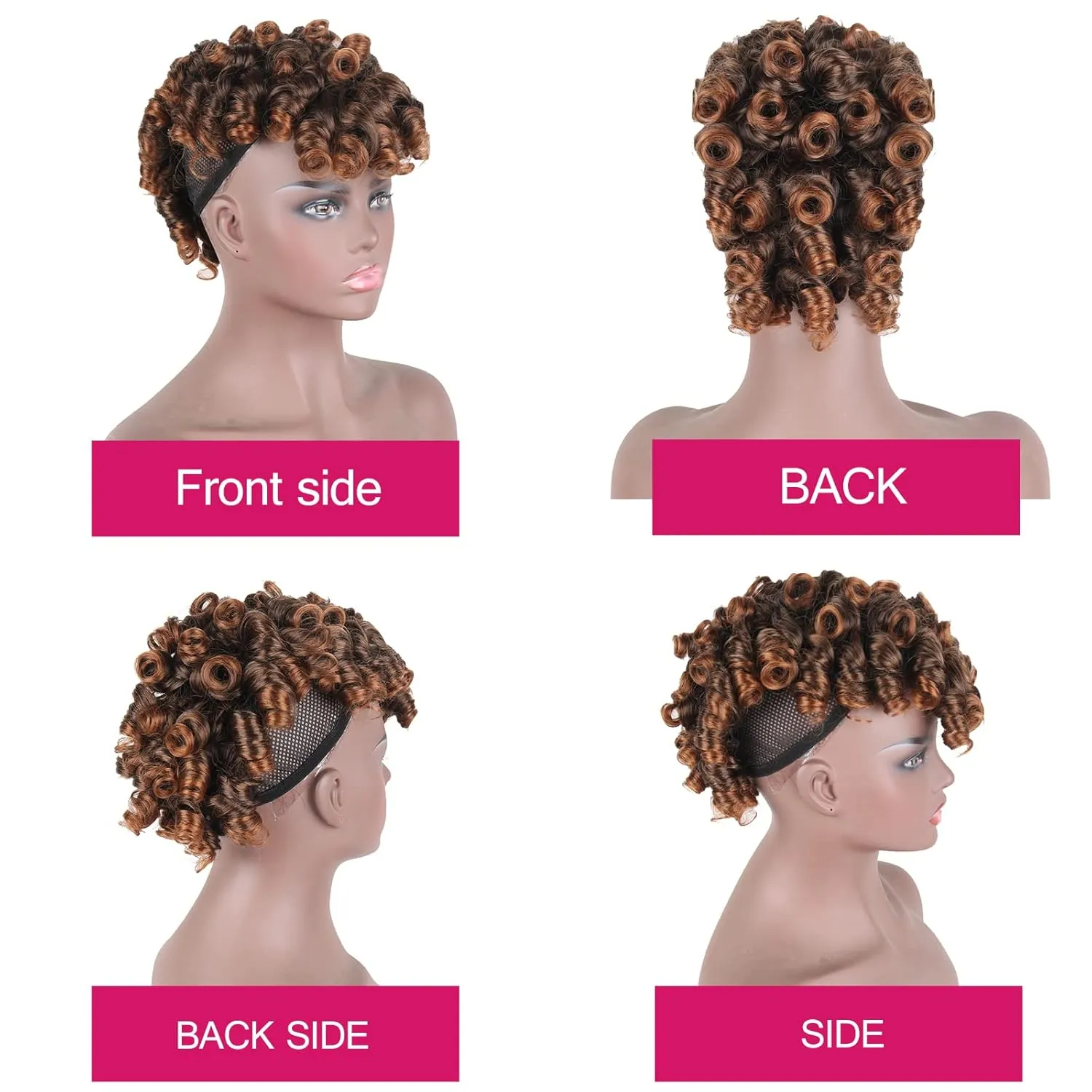 CINHOO Deep Curly Mohawk Ponytail Wig for Black Women,Afro Puff with Bangs Dark Brown Mohawk Wig Faux Synthesis Mohawk Hair Piece Black Women Bun with Bang Ponytail Extension for Black Women(1B/30)