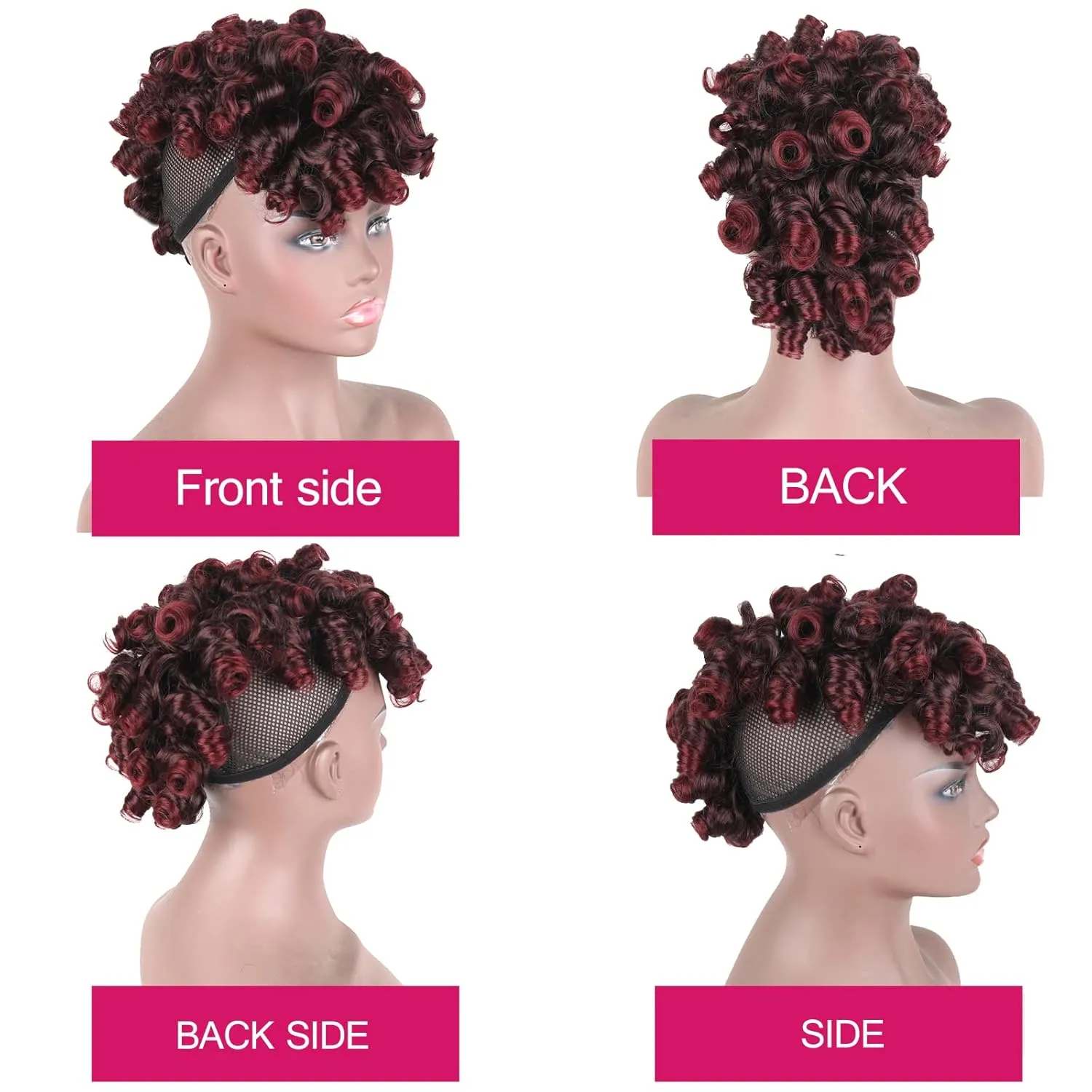 CINHOO Deep Curly Mohawk Wigs for Black Women Red Mohawk Wig,Afro Puff with Bangs Mohawk Ponytail Extension for Black Women Curly Mohawk Hair Piece Clip in Faux Hawks Wigs for Women (1B/Bug)