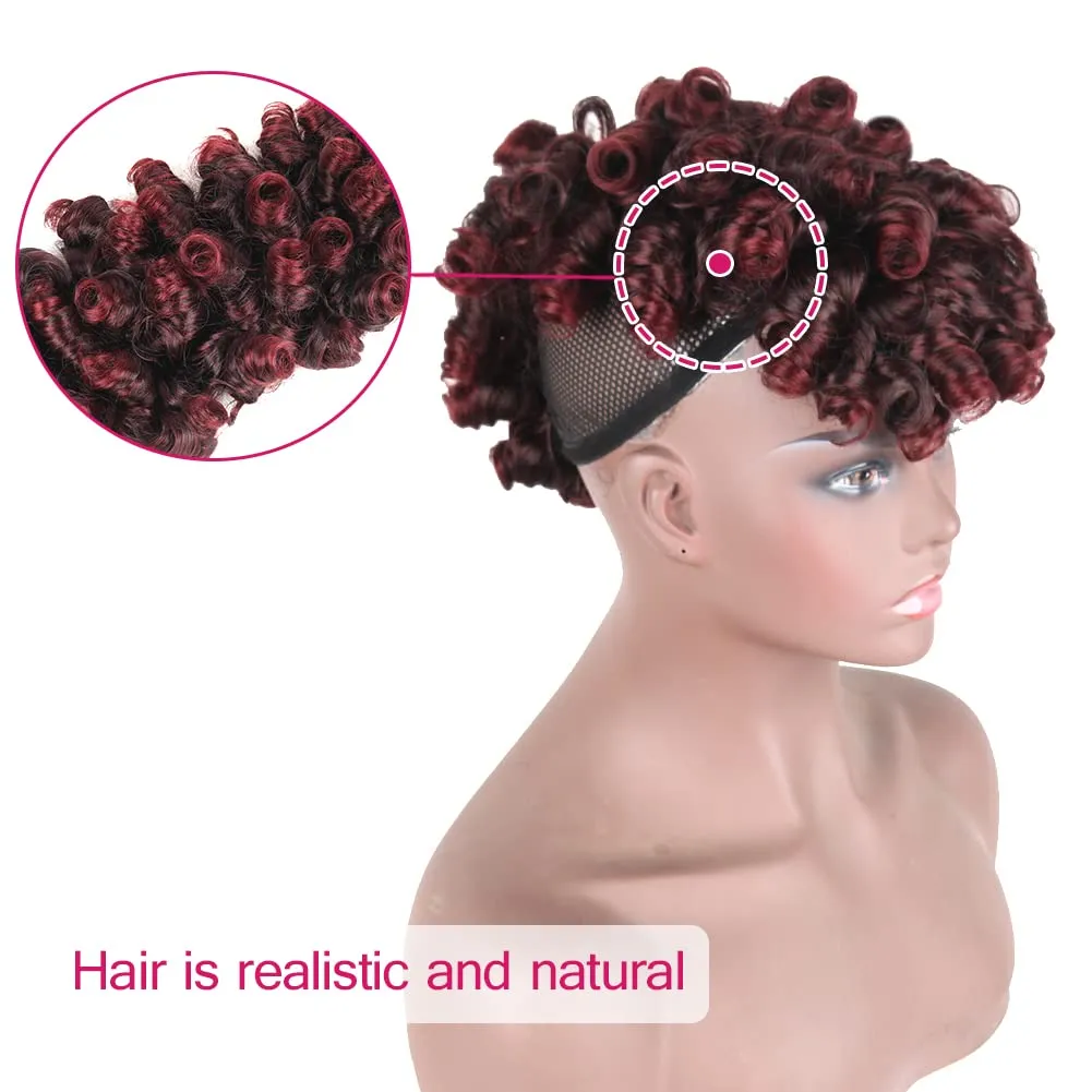 CINHOO Deep Curly Mohawk Wigs for Black Women Red Mohawk Wig,Afro Puff with Bangs Mohawk Ponytail Extension for Black Women Curly Mohawk Hair Piece Clip in Faux Hawks Wigs for Women (1B/Bug)