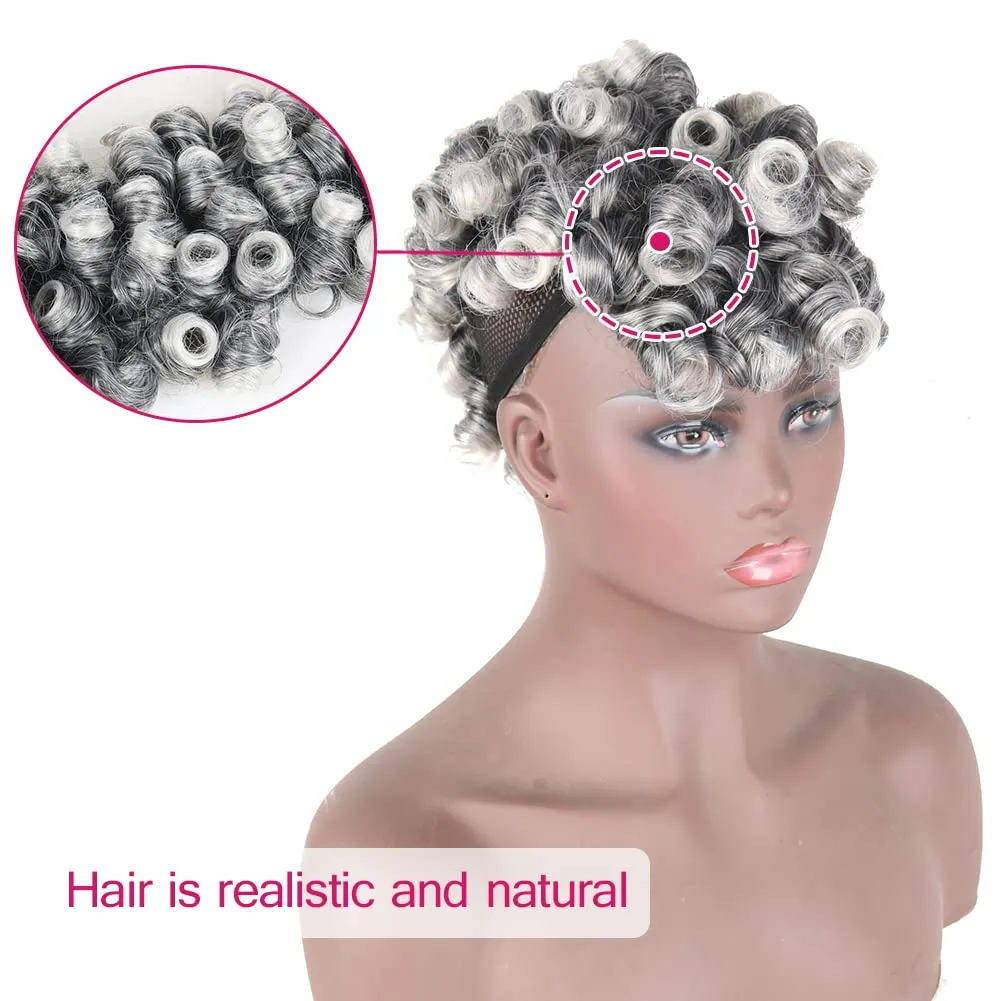 CINHOO Deep Curly Mohawk Wigs for Women, Fake Ponytail with Bangs Gray Faux Mohawk Hair Piece Gary Wigs for Black Woman Afro Puff with Bangs Clip in Hair Extensions with 8 Clips (1B/Gray)