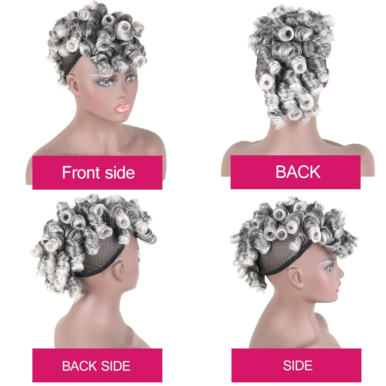 CINHOO Deep Curly Mohawk Wigs for Women, Fake Ponytail with Bangs Gray Faux Mohawk Hair Piece Gary Wigs for Black Woman Afro Puff with Bangs Clip in Hair Extensions with 8 Clips (1B/Gray)