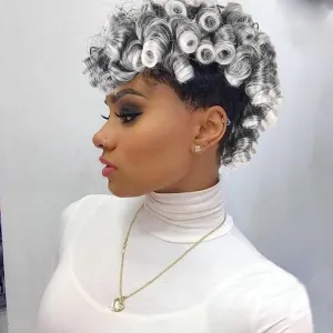 CINHOO Deep Curly Mohawk Wigs for Women, Fake Ponytail with Bangs Gray Faux Mohawk Hair Piece Gary Wigs for Black Woman Afro Puff with Bangs Clip in Hair Extensions with 8 Clips (1B/Gray)