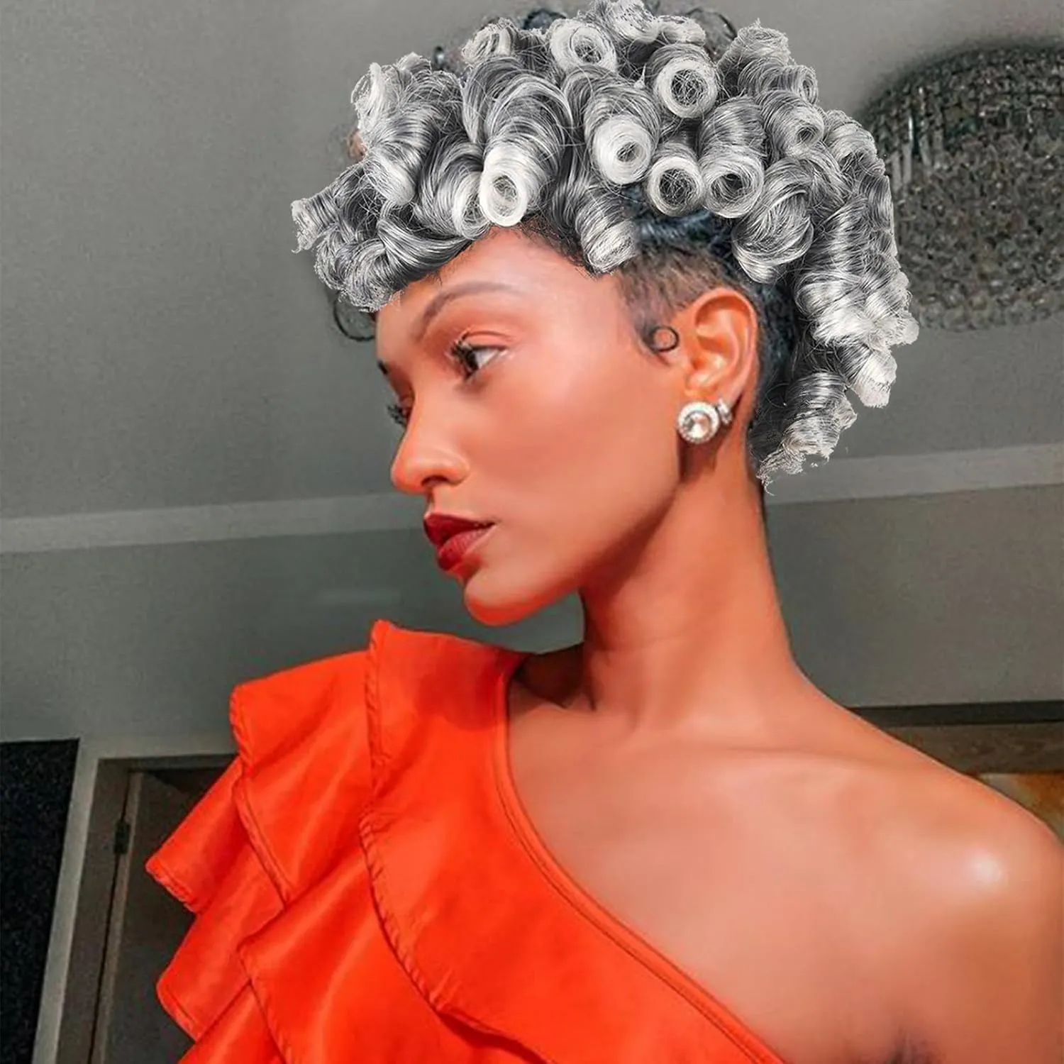 CINHOO Deep Curly Mohawk Wigs for Women, Fake Ponytail with Bangs Gray Faux Mohawk Hair Piece Gary Wigs for Black Woman Afro Puff with Bangs Clip in Hair Extensions with 8 Clips (1B/Gray)