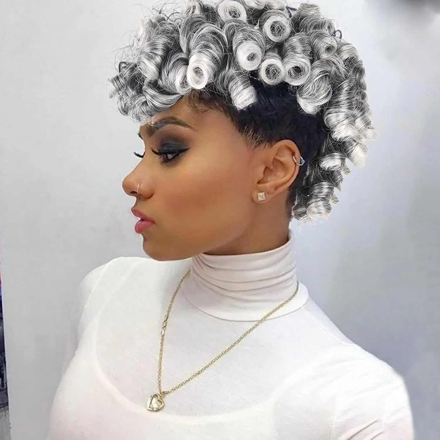CINHOO Deep Curly Mohawk Wigs for Women, Fake Ponytail with Bangs Gray Faux Mohawk Hair Piece Gary Wigs for Black Woman Afro Puff with Bangs Clip in Hair Extensions with 8 Clips (1B/Gray)