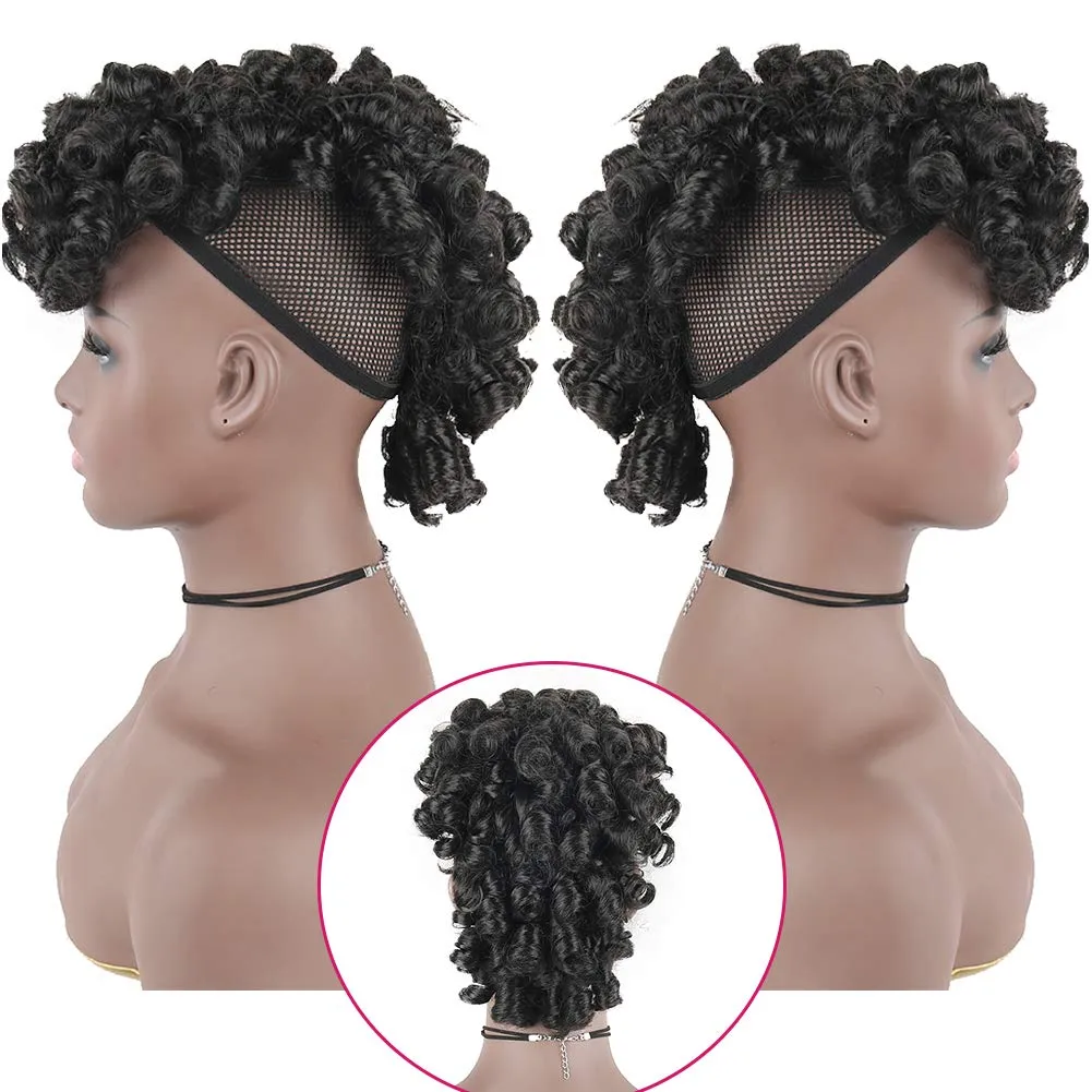 CINHOO Deep Wave Curly Natural Black Mohawk Hair Wigs for Black Woman,Half Up Half Down Curly Faux Mohawk Hair Piece Black Women Afro Puff with Bangs Clip in Hair Extensions(2#)