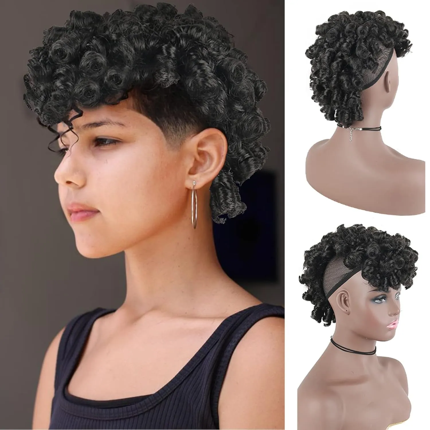 CINHOO Deep Wave Curly Natural Black Mohawk Hair Wigs for Black Woman,Half Up Half Down Curly Faux Mohawk Hair Piece Black Women Afro Puff with Bangs Clip in Hair Extensions(2#)