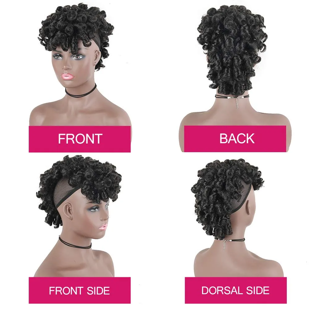 CINHOO Deep Wave Curly Natural Black Mohawk Hair Wigs for Black Woman,Half Up Half Down Curly Faux Mohawk Hair Piece Black Women Afro Puff with Bangs Clip in Hair Extensions(2#)