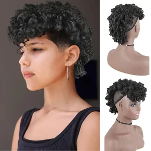 CINHOO Deep Wave Curly Natural Black Mohawk Hair Wigs for Black Woman,Half Up Half Down Curly Faux Mohawk Hair Piece Black Women Afro Puff with Bangs Clip in Hair Extensions(2#)