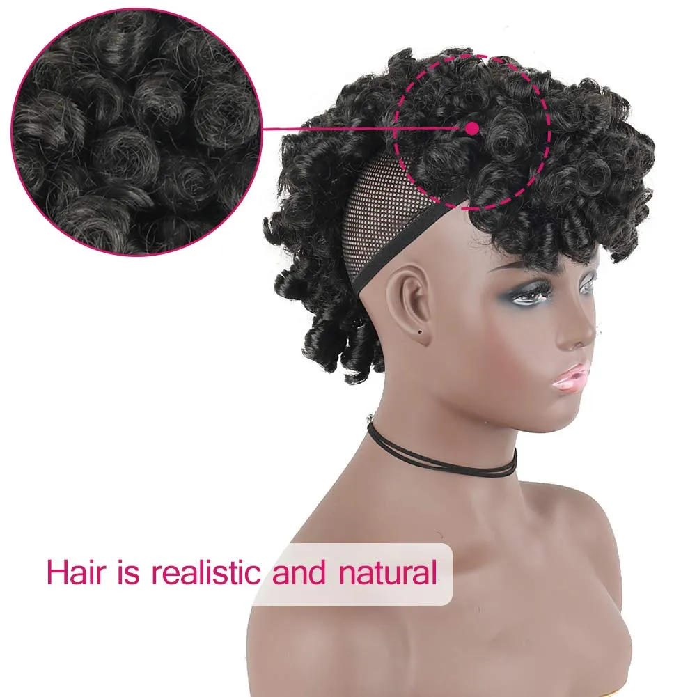 CINHOO Deep Wave Curly Natural Black Mohawk Hair Wigs for Black Woman,Half Up Half Down Curly Faux Mohawk Hair Piece Black Women Afro Puff with Bangs Clip in Hair Extensions(2#)