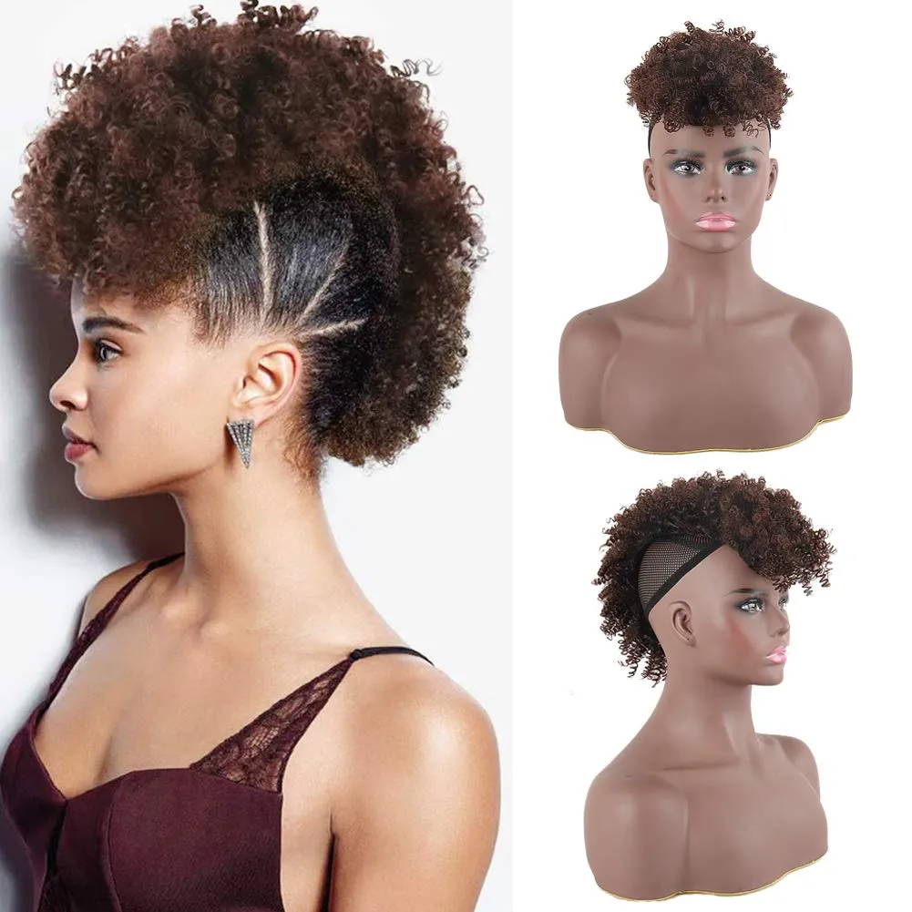 CINHOO Jerry Curls Mohawk High Puff Hair Bun Ponytail Drawstring With Bangs Synthetic Fauxhawks Afro High Puff Kinkys Curly Pony Tail Clip in on Wrap Updo Hair Extensions for Women (1B/33)