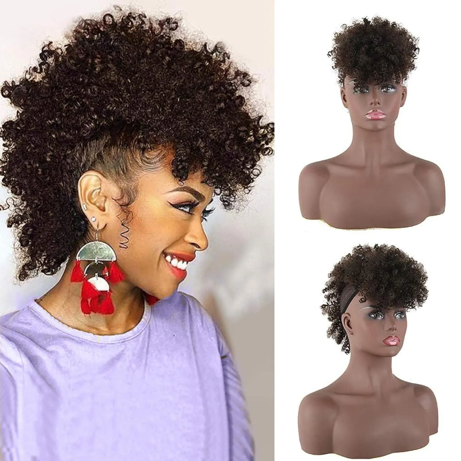 CINHOO Jerry Curls Mohawk High Puff Hair Bun Ponytail Drawstring With Bangs Synthetic Fauxhawks Afro High Puff Kinkys Curly Pony Tail Clip in on Wrap Updo Hair Extensions for Women (4#)