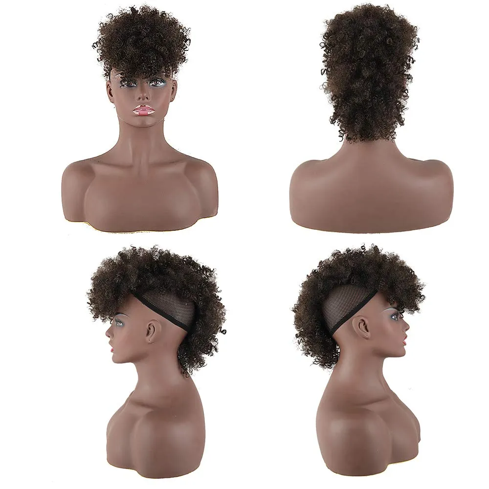 CINHOO Jerry Curls Mohawk High Puff Hair Bun Ponytail Drawstring With Bangs Synthetic Fauxhawks Afro High Puff Kinkys Curly Pony Tail Clip in on Wrap Updo Hair Extensions for Women (4#)