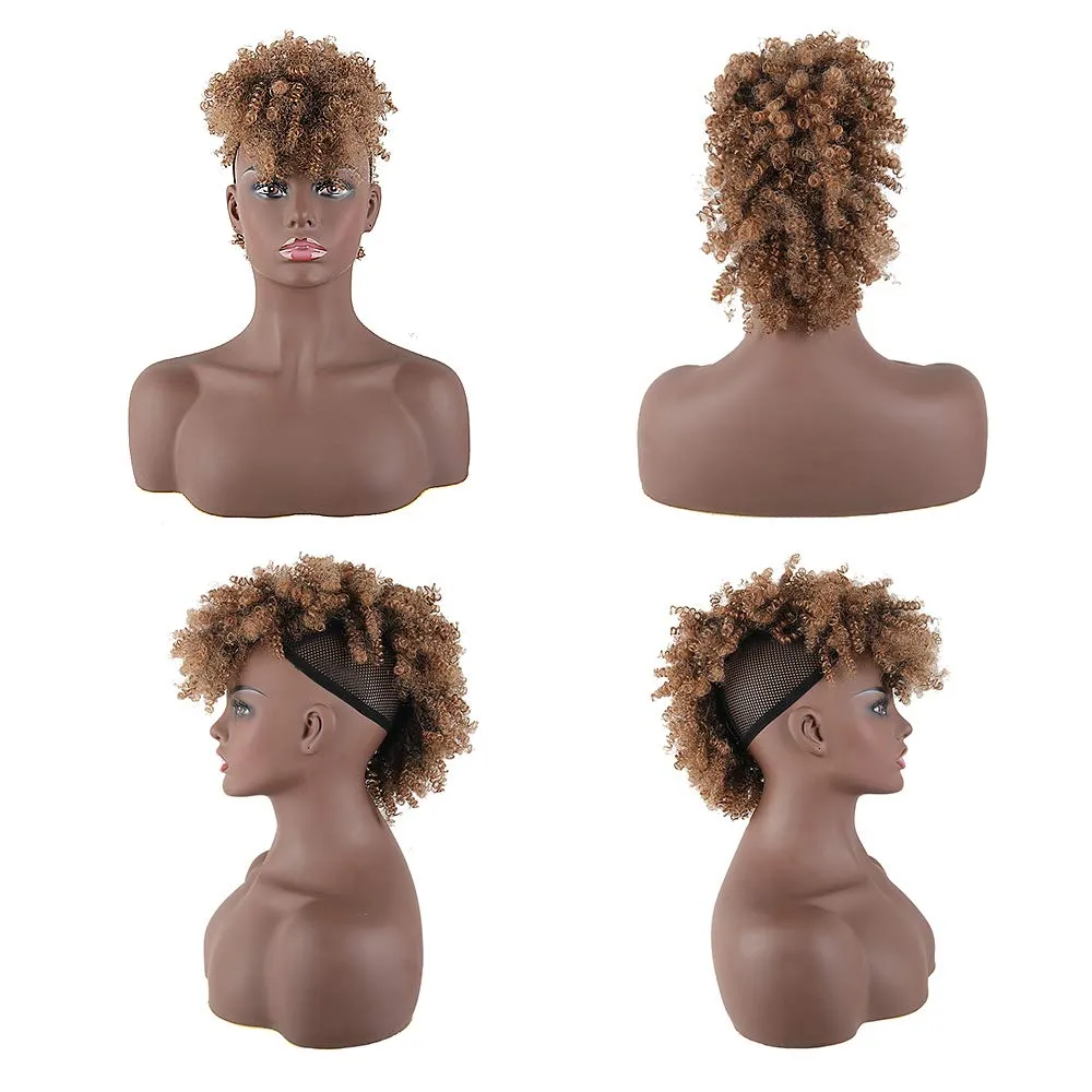CINHOO Jerry Curls Mohawk High Puff Hair Bun Ponytail Drawstring With Bangs Synthetic Fauxhawks Afro High Puff Kinkys Curly Pony Tail Clip in on Wrap Updo Hair Extensions for Women (T1B/27)