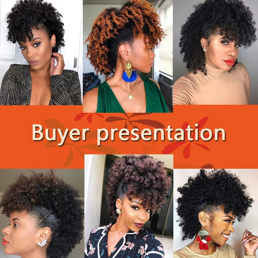 CINHOO Jerry Curls Mohawk High Puff Hair Bun Ponytail Drawstring With Bangs Synthetic Fauxhawks Afro High Puff Kinkys Curly Pony Tail Clip in on Wrap Updo Hair Extensions for Women (T1B/gray)
