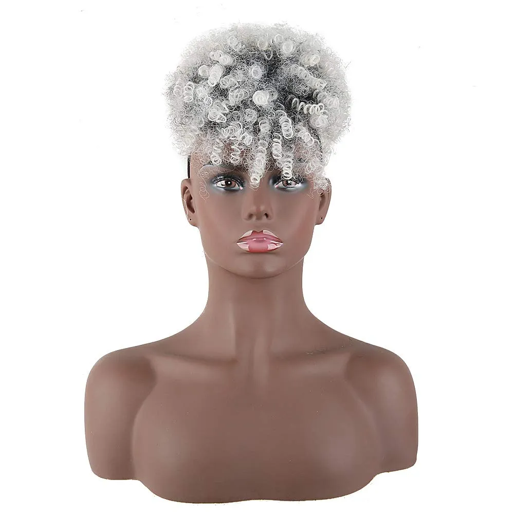 CINHOO Jerry Curls Mohawk High Puff Hair Bun Ponytail Drawstring With Bangs Synthetic Fauxhawks Afro High Puff Kinkys Curly Pony Tail Clip in on Wrap Updo Hair Extensions for Women (T1B/gray)