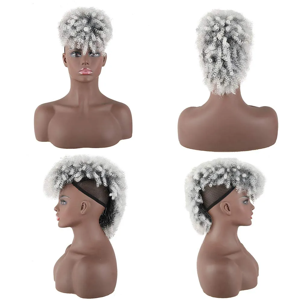CINHOO Jerry Curls Mohawk High Puff Hair Bun Ponytail Drawstring With Bangs Synthetic Fauxhawks Afro High Puff Kinkys Curly Pony Tail Clip in on Wrap Updo Hair Extensions for Women (T1B/gray)