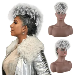 CINHOO Jerry Curls Mohawk High Puff Hair Bun Ponytail Drawstring With Bangs Synthetic Fauxhawks Afro High Puff Kinkys Curly Pony Tail Clip in on Wrap Updo Hair Extensions for Women (T1B/gray)
