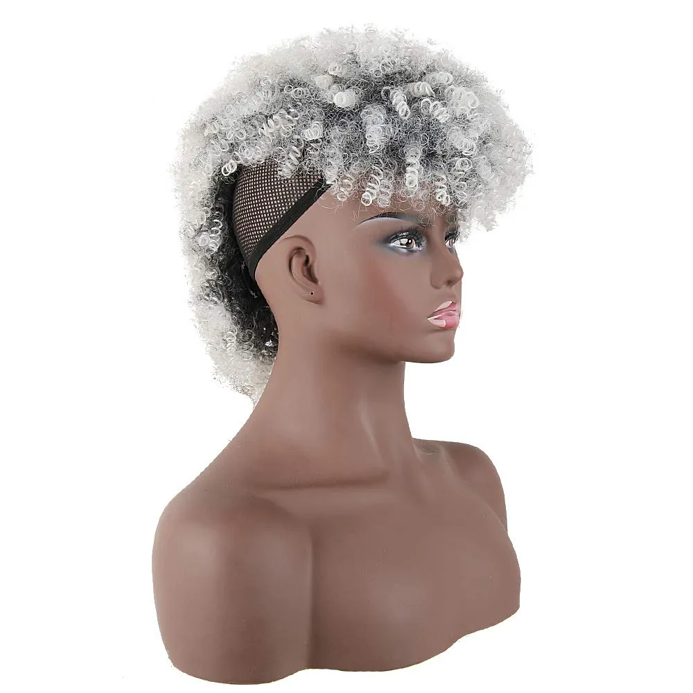 CINHOO Jerry Curls Mohawk High Puff Hair Bun Ponytail Drawstring With Bangs Synthetic Fauxhawks Afro High Puff Kinkys Curly Pony Tail Clip in on Wrap Updo Hair Extensions for Women (T1B/gray)