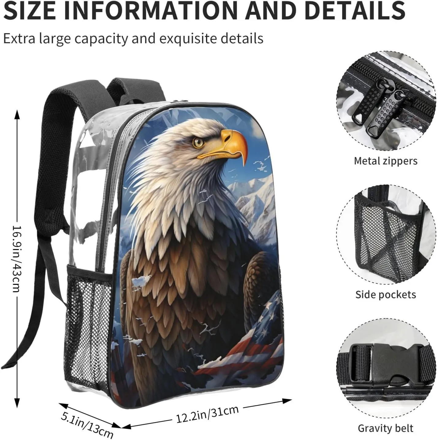 Clear Backpack Heavy Duty PVC Transparent Bookbag Eagle Backpack Daypack Laptop Backpack