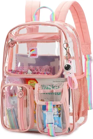 Clear Backpack Heavy Duty,Transparent Backpacks for School,Girls bookbag Stadium Approved,With Keychain(Pink)