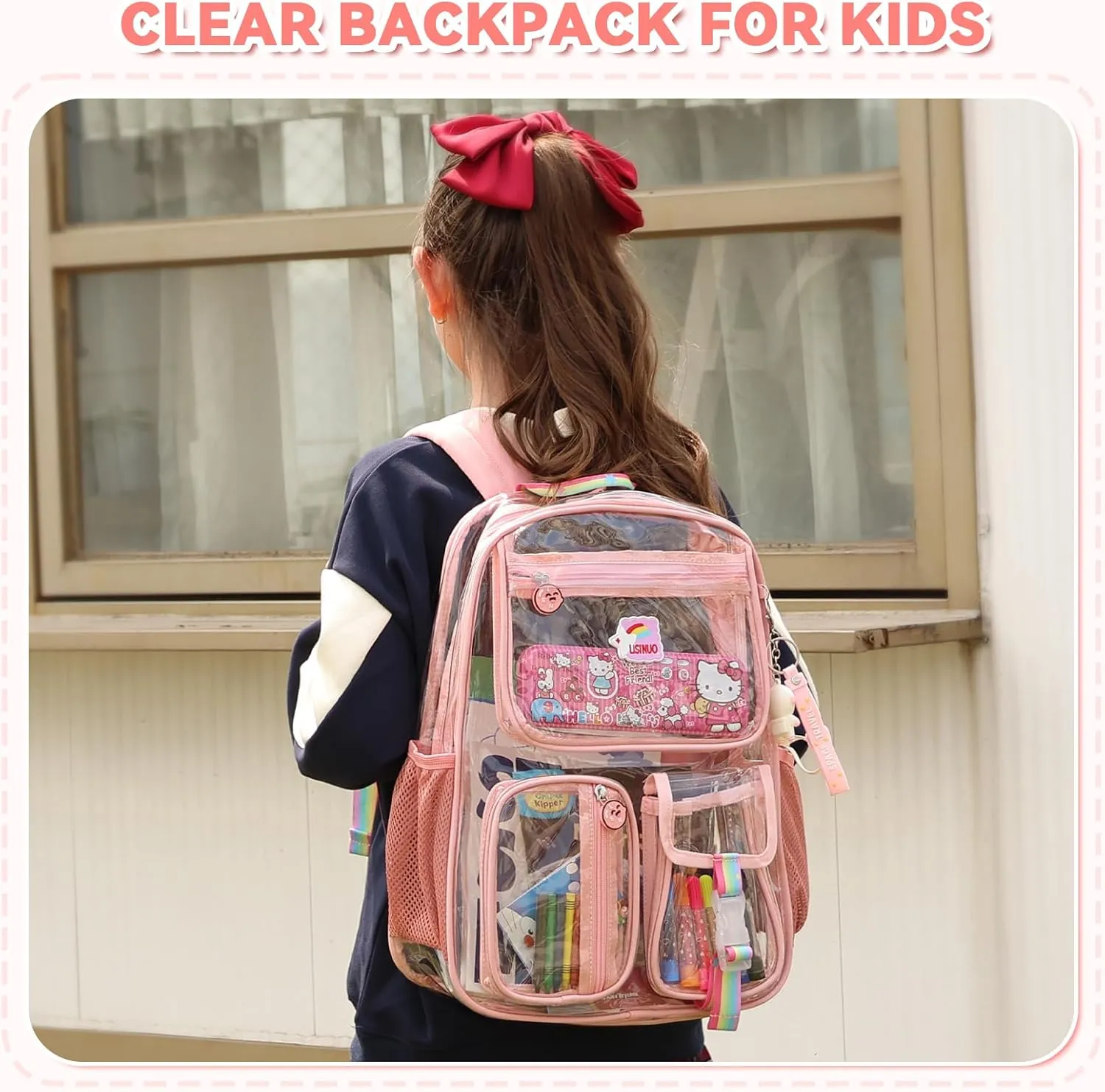 Clear Backpack Heavy Duty,Transparent Backpacks for School,Girls bookbag Stadium Approved,With Keychain(Pink)