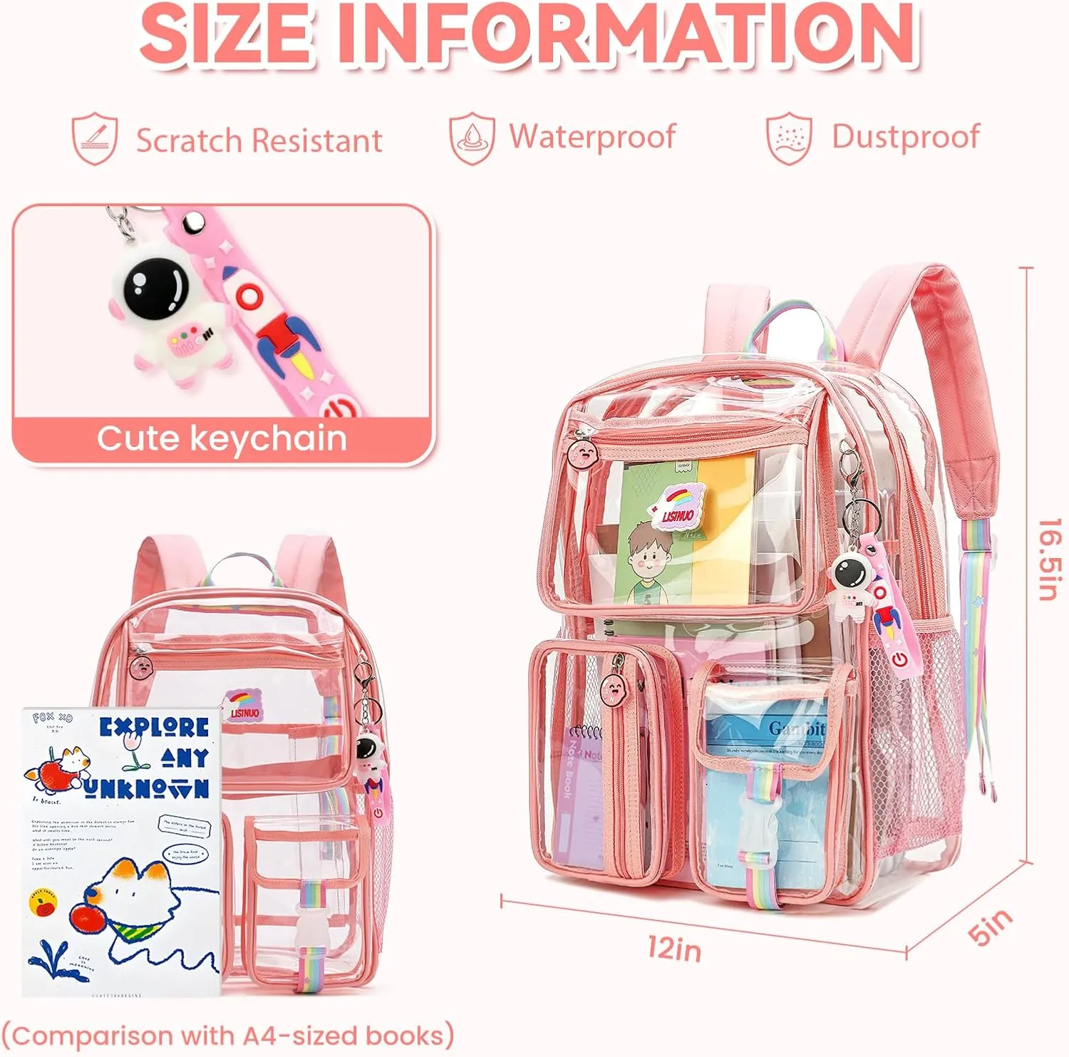 Clear Backpack Heavy Duty,Transparent Backpacks for School,Girls bookbag Stadium Approved,With Keychain(Pink)