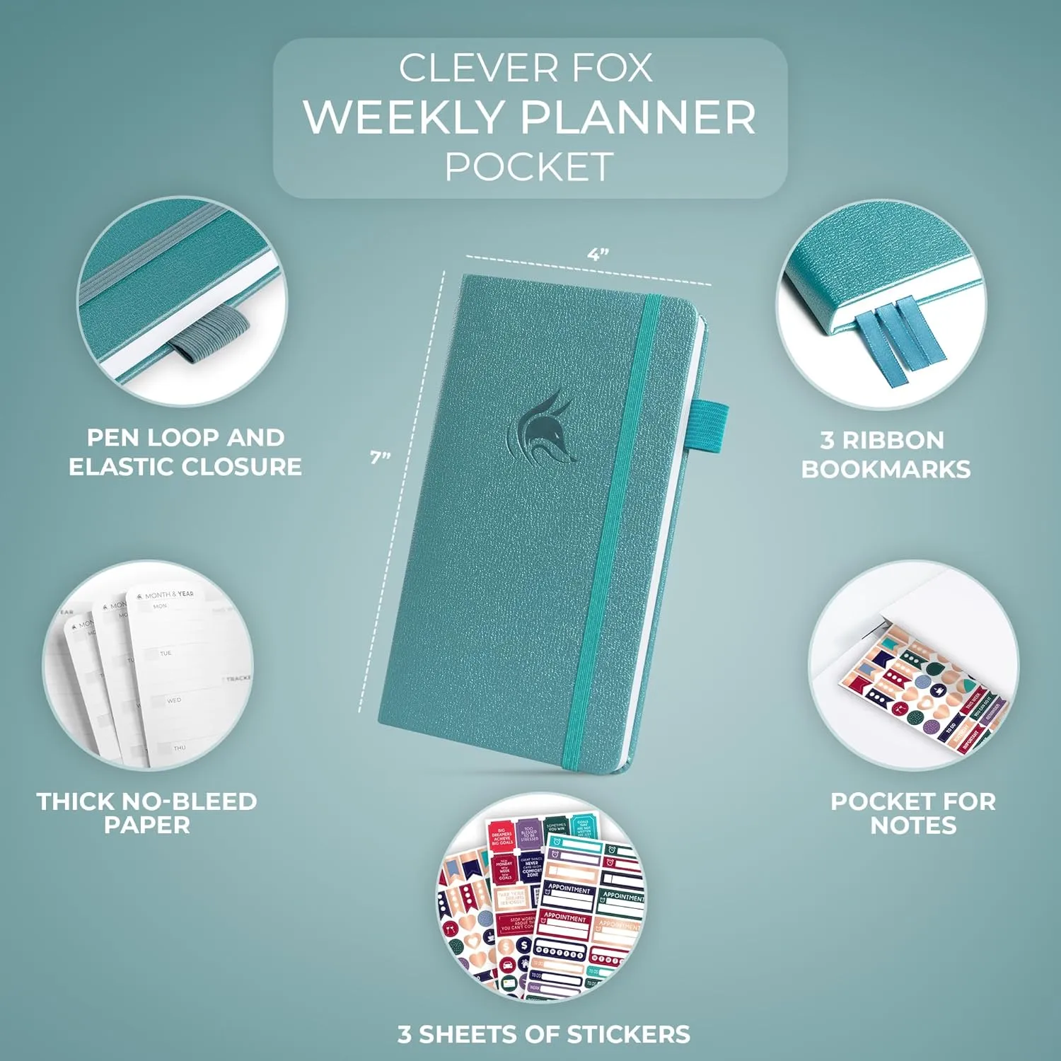 Clever Fox Pocket Planner Weekly – Undated Monthly Goal Planner and Calendar, Mini Planner Perfect for Purse, 3.7x6.7" (Aquamarine)