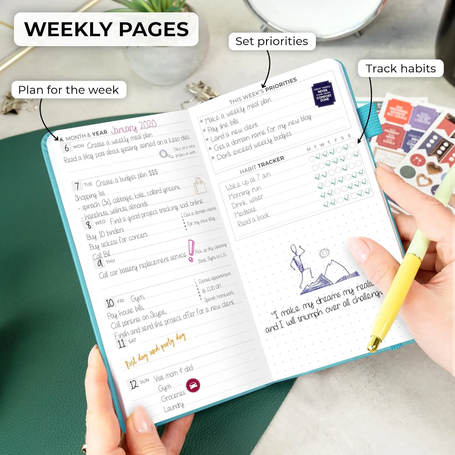 Clever Fox Pocket Planner Weekly – Undated Monthly Goal Planner and Calendar, Mini Planner Perfect for Purse, 3.7x6.7" (Aquamarine)