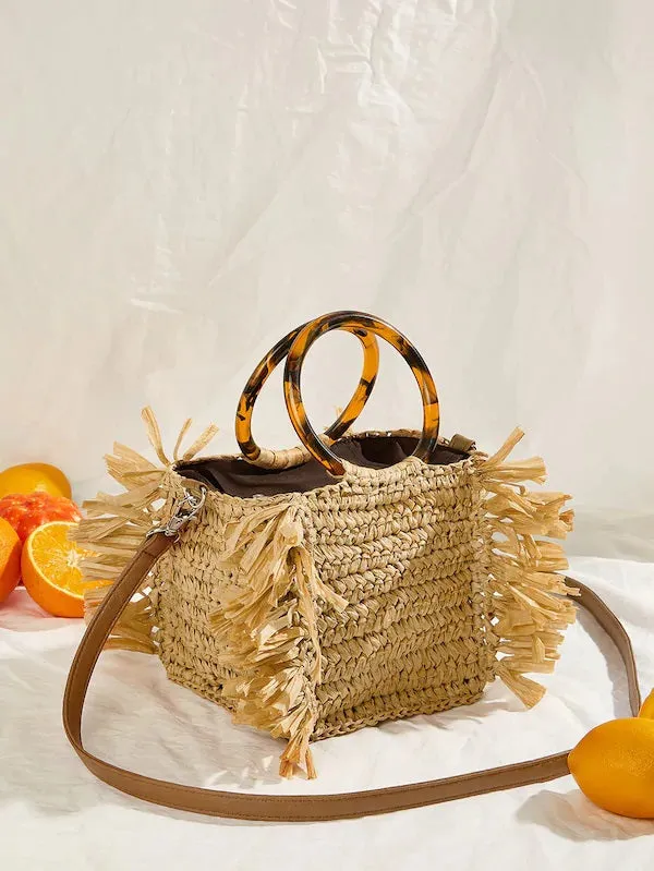 CM-BGS415705 Women Elegant Bohemian Style Fringe Decor Tortoiseshell Handle Satchels - Khaki