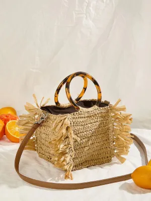 CM-BGS415705 Women Elegant Bohemian Style Fringe Decor Tortoiseshell Handle Satchels - Khaki