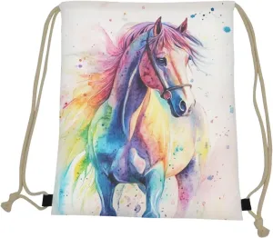 COEQINE Horse Drawstring for Girls Gym Workout Yoga, Colorful Horses String Backpack for Hiking Lightweight Foldable Book Bag for Kids,Back to School Gifts