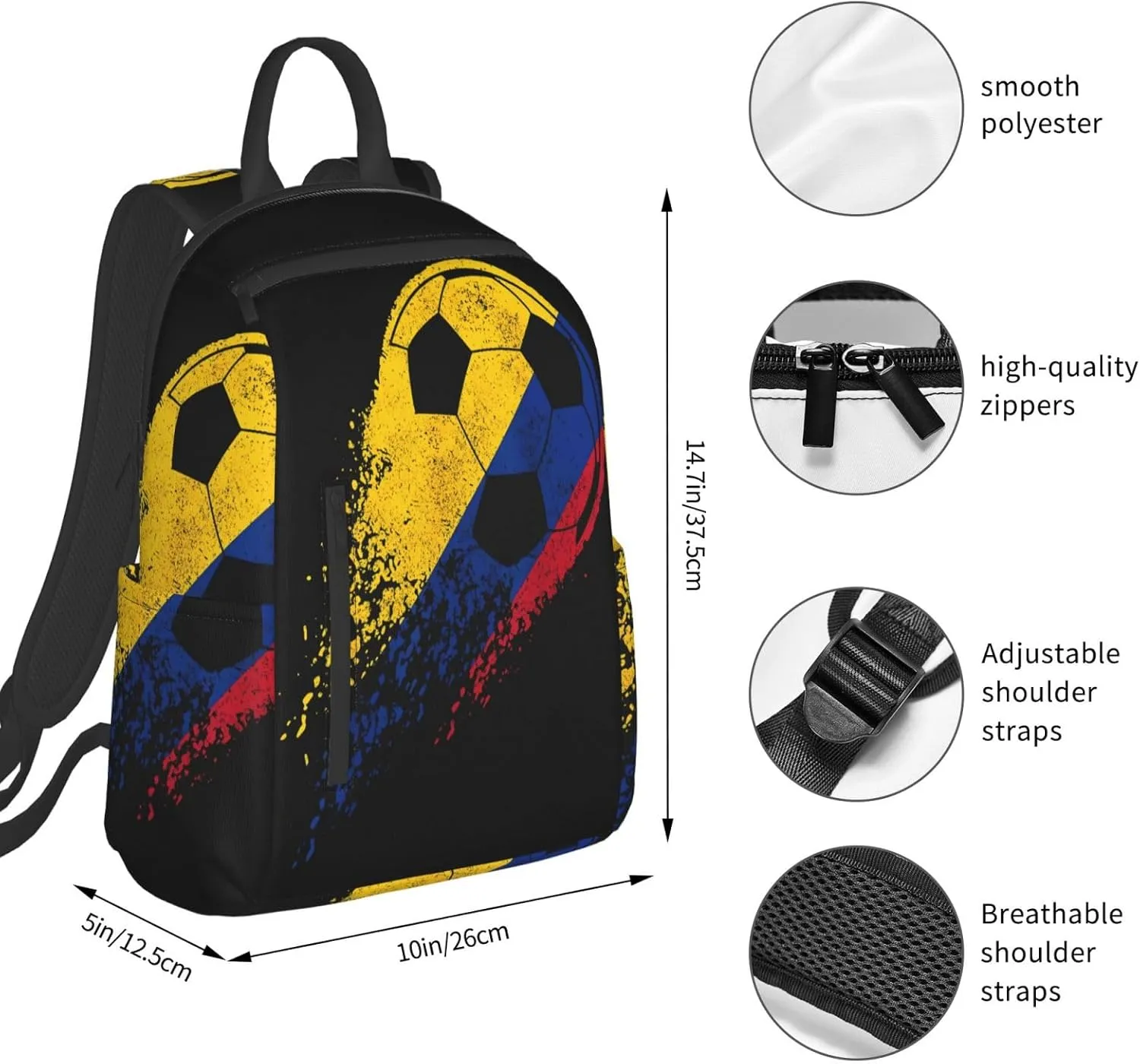 Colombia Soccer Colombian Flag Pride Soccer Player Casual Backpacks Large Capacity Laptop Backpack Sports Fitness Rucksack Travel Carry-On Daypack Work Bag for Outdoor Camping