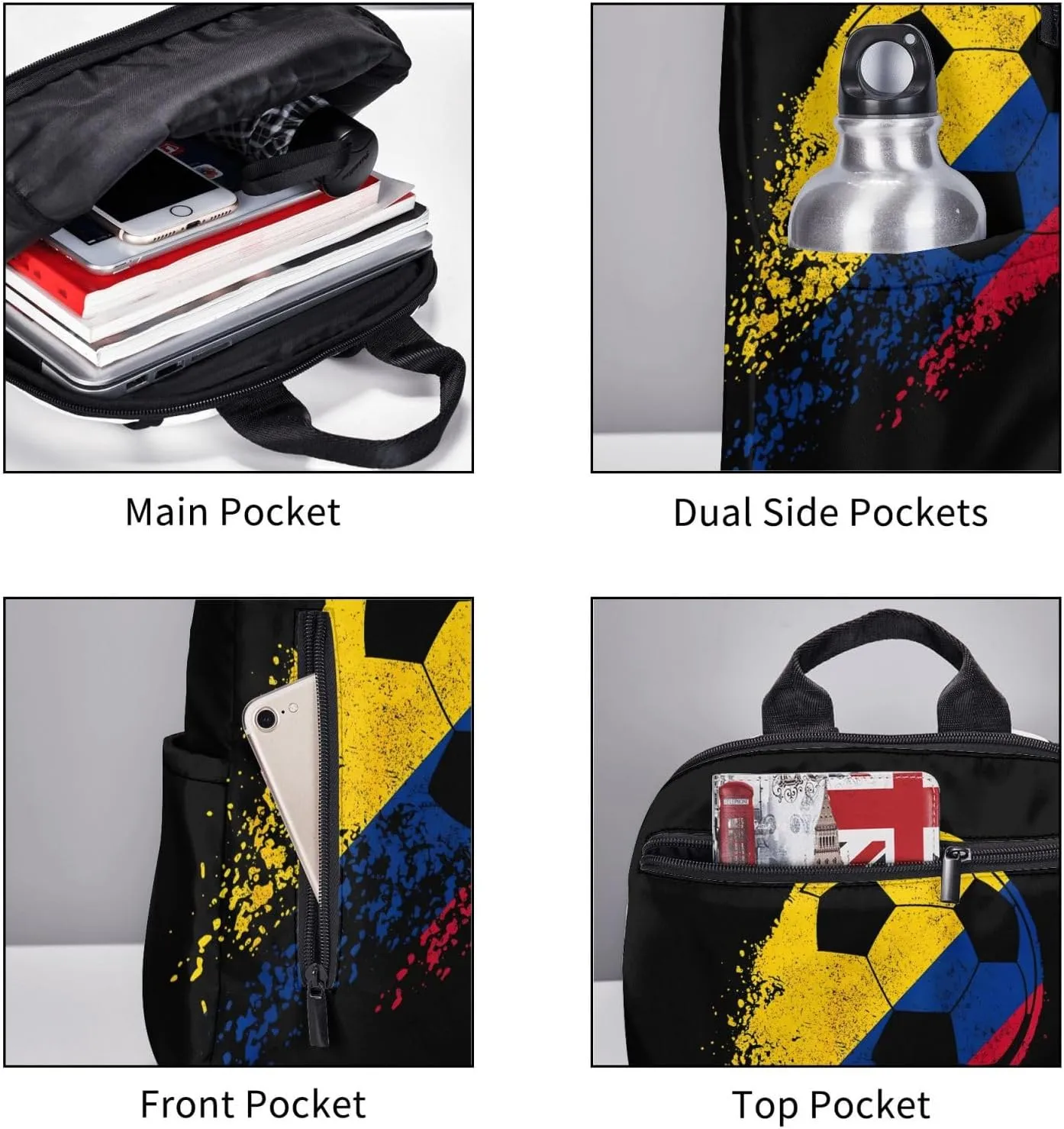 Colombia Soccer Colombian Flag Pride Soccer Player Casual Backpacks Large Capacity Laptop Backpack Sports Fitness Rucksack Travel Carry-On Daypack Work Bag for Outdoor Camping