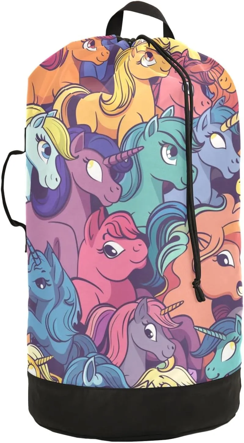 Colored Ponies Laundry Backpack Bag with Drawstring Closure Waterproof Laundry Bag Laundry Hamper Clothes Storage for Travel Laundromat Apartment