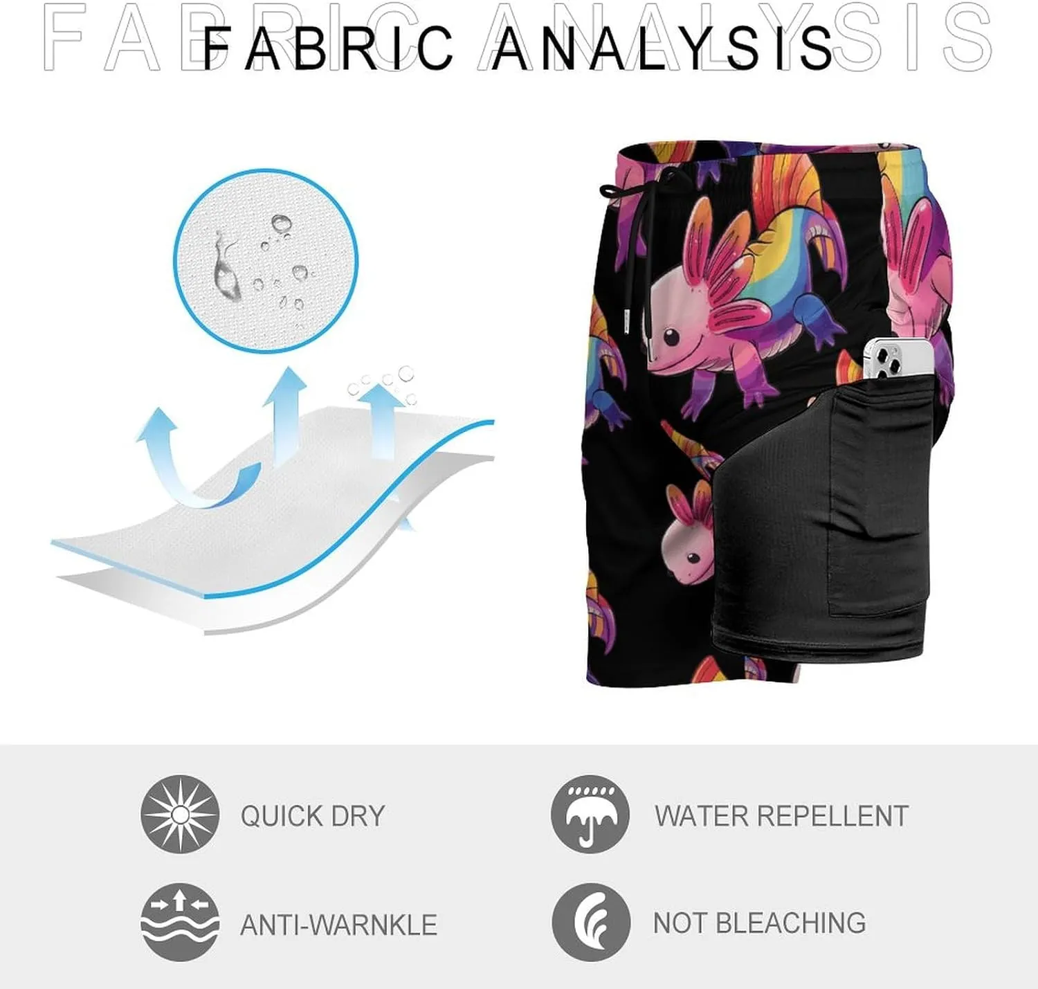 Colorful Axolotl Men's Swim Trunks Quick Dry Board Shorts Swimwear Beach Shorts with Compression Liner