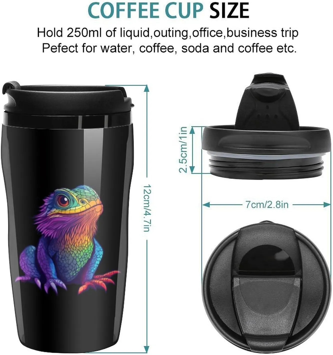 Colorful Bearded Dragon Coffee Mug with Lid Portable Tumbler Water Bottle for Travel Business 250ml
