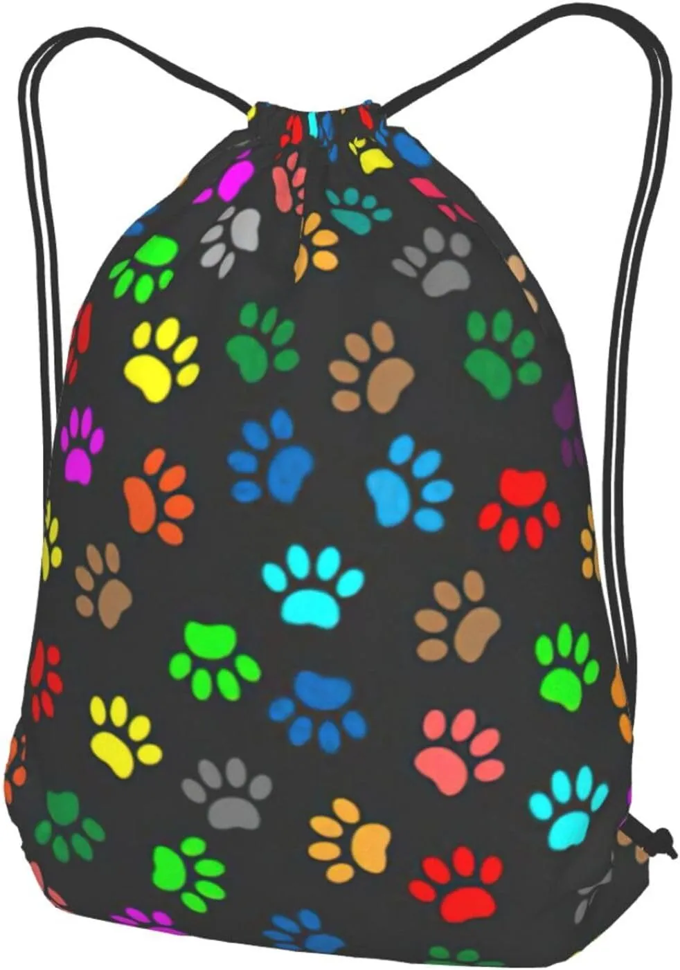Colorful Dog Paw Print Black Drawstring Cinch Backpack Polyester Sack Pack String Bag For Hiking Camping Adventure