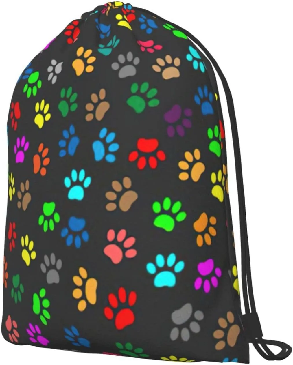 Colorful Dog Paw Print Black Drawstring Cinch Backpack Polyester Sack Pack String Bag For Hiking Camping Adventure