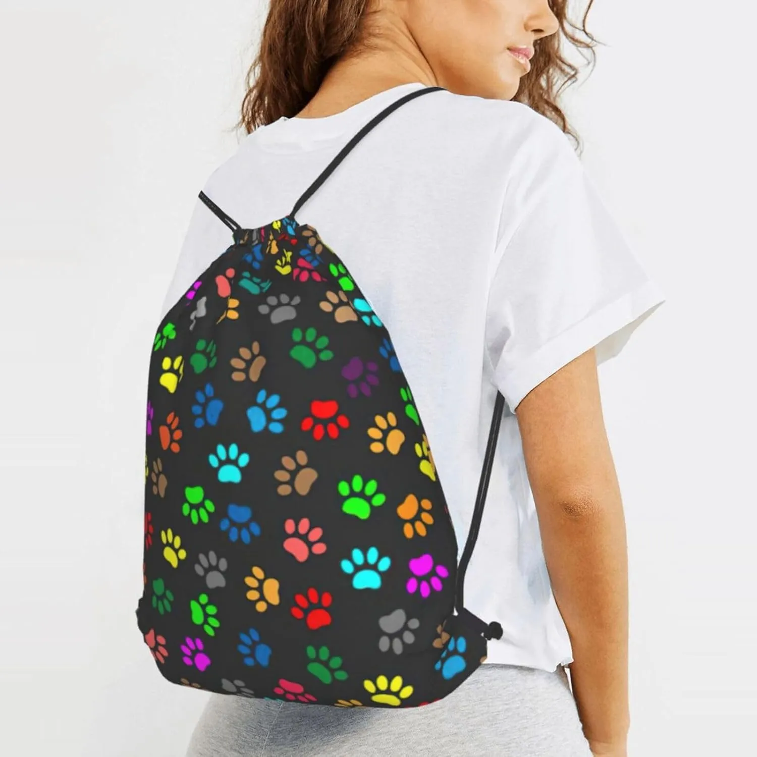 Colorful Dog Paw Print Black Drawstring Cinch Backpack Polyester Sack Pack String Bag For Hiking Camping Adventure