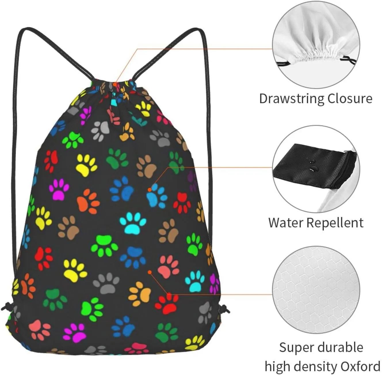 Colorful Dog Paw Print Black Drawstring Cinch Backpack Polyester Sack Pack String Bag For Hiking Camping Adventure