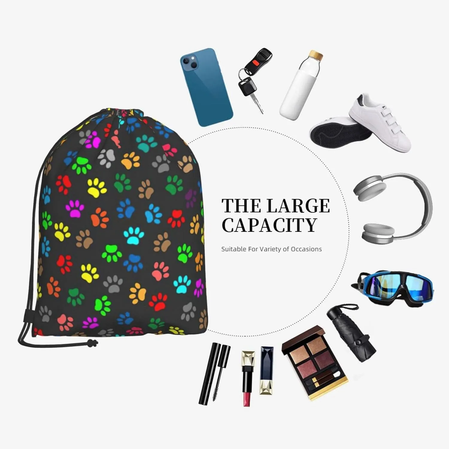 Colorful Dog Paw Print Black Drawstring Cinch Backpack Polyester Sack Pack String Bag For Hiking Camping Adventure