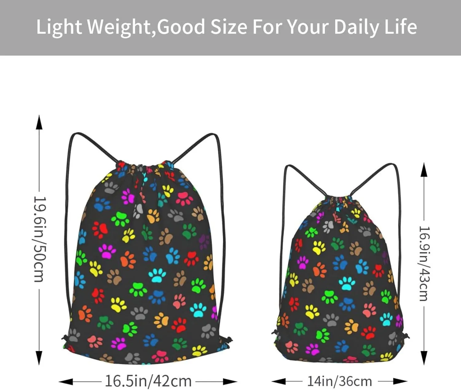 Colorful Dog Paw Print Black Drawstring Cinch Backpack Polyester Sack Pack String Bag For Hiking Camping Adventure