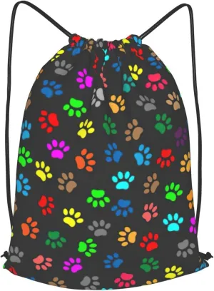 Colorful Dog Paw Print Black Drawstring Cinch Backpack Polyester Sack Pack String Bag For Hiking Camping Adventure