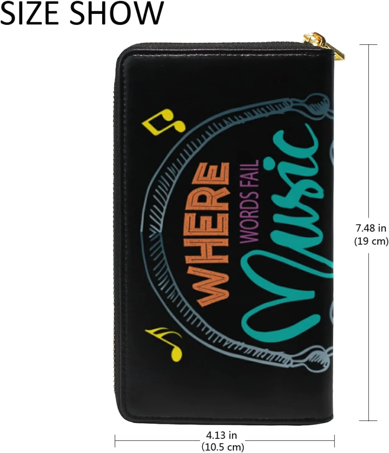 Colorful Earphone with Where Words Fail, Music Speaks on Black Leather Long Wallet Organizer with Zipper Purse Clutch Bag for Women Men