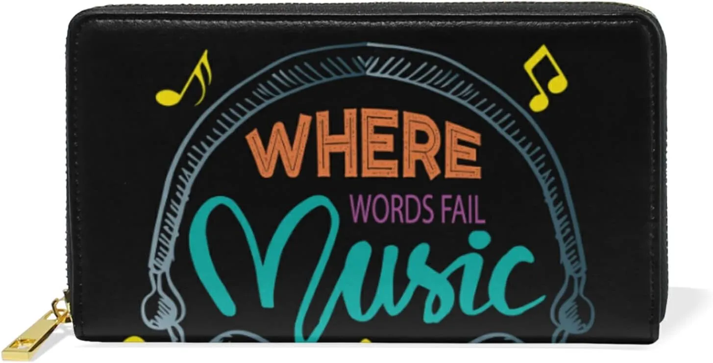 Colorful Earphone with Where Words Fail, Music Speaks on Black Leather Long Wallet Organizer with Zipper Purse Clutch Bag for Women Men