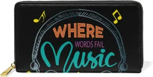 Colorful Earphone with Where Words Fail, Music Speaks on Black Leather Long Wallet Organizer with Zipper Purse Clutch Bag for Women Men