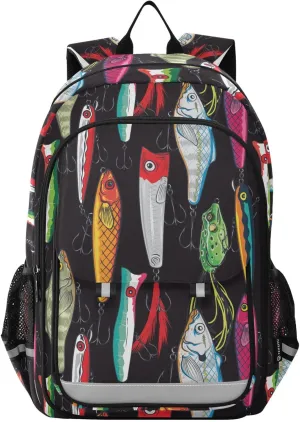 Colorful Fishing Lures Kids backpack for School Bookbag Large Capacity School Bag Backpacks Daypack for Boys Girls Elementary School Travel Outdoor with Chest Strap Gifts
