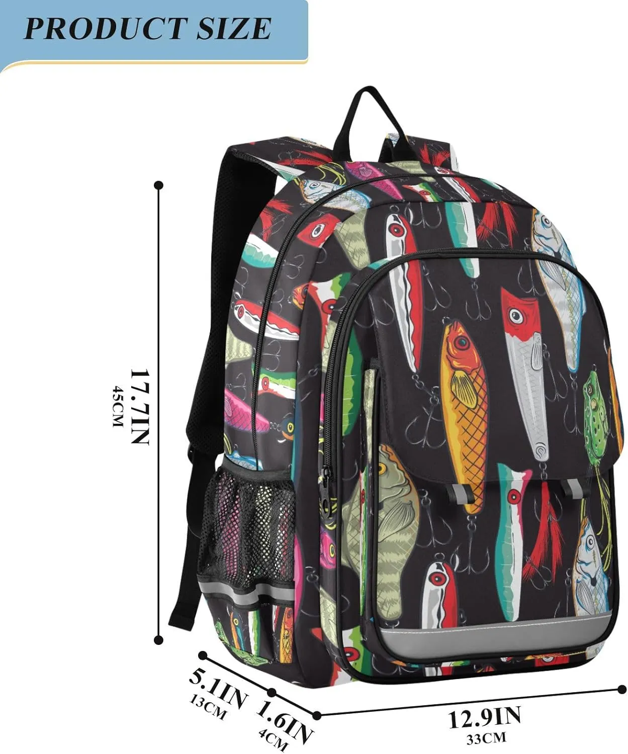Colorful Fishing Lures Kids backpack for School Bookbag Large Capacity School Bag Backpacks Daypack for Boys Girls Elementary School Travel Outdoor with Chest Strap Gifts