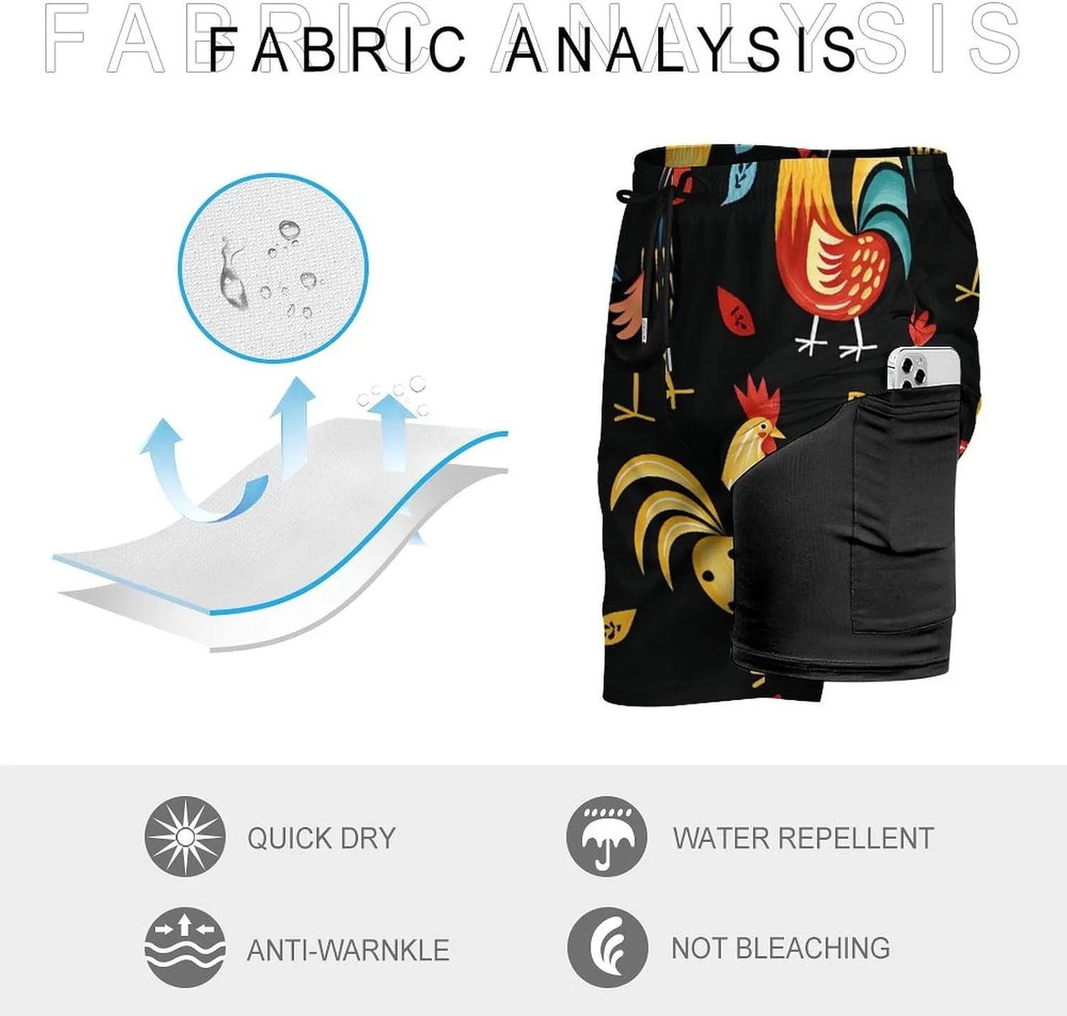 Colorful Rooster Men's Swim Trunks Quick Dry Board Shorts Swimwear Beach Shorts with Compression Liner