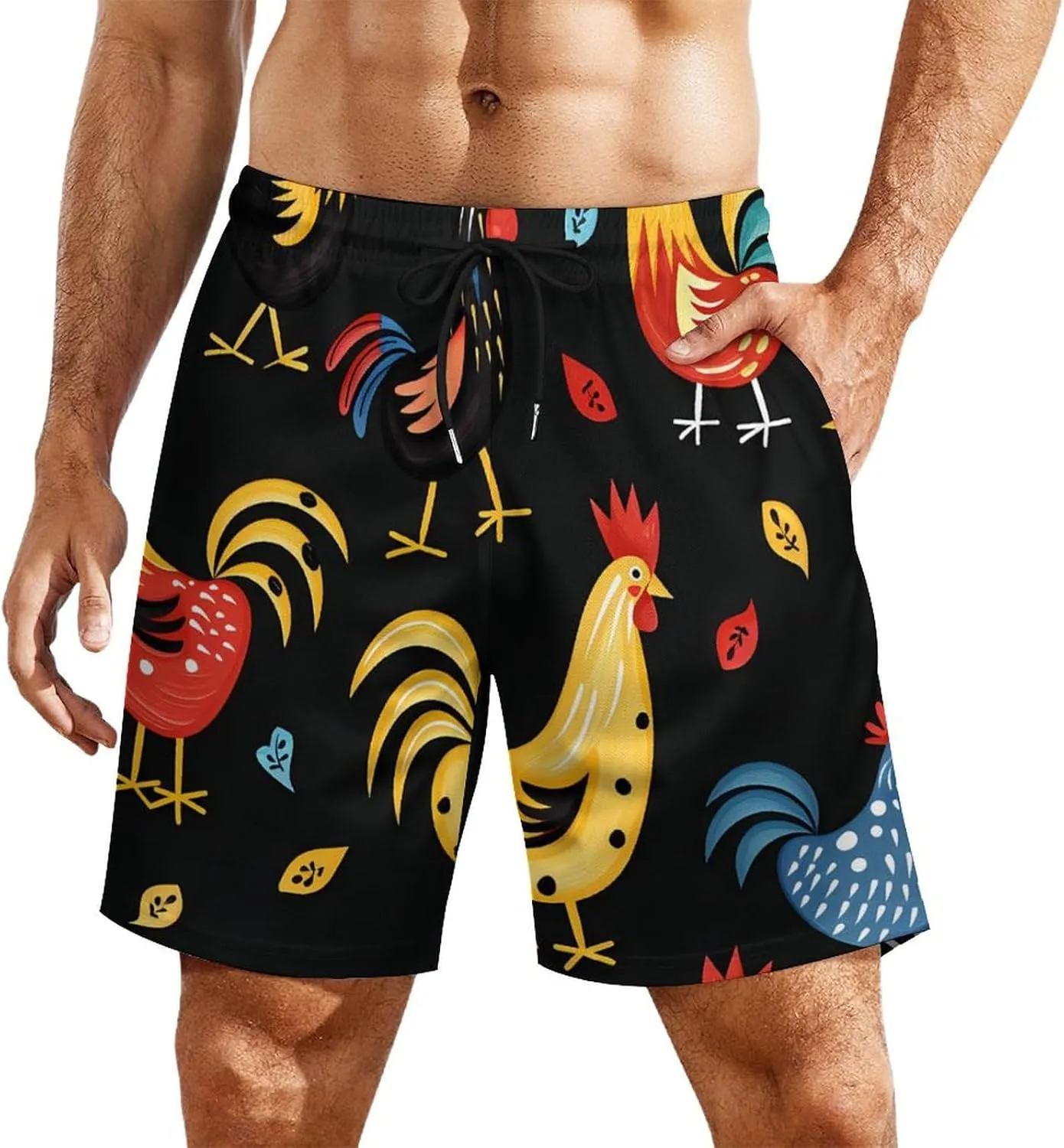 Colorful Rooster Men's Swim Trunks Quick Dry Board Shorts Swimwear Beach Shorts with Compression Liner
